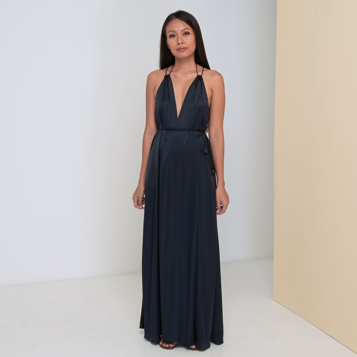 DEEP V LONG HALTER DRESS - Rayon Viscose Satin | Midnight blue