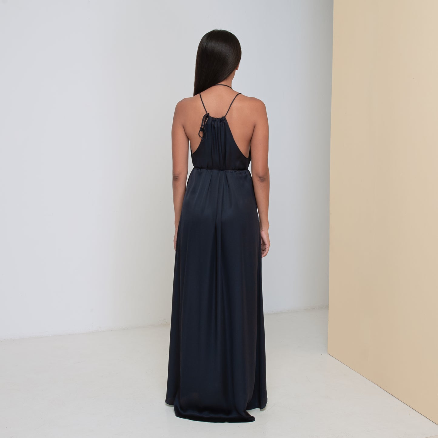 DEEP V LONG HALTER DRESS - Rayon Viscose Satin | Midnight blue