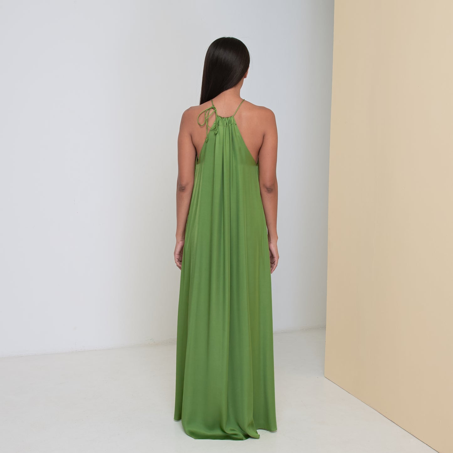 DEEP V LONG HALTER DRESS - Rayon Viscose Satin | Moss Green