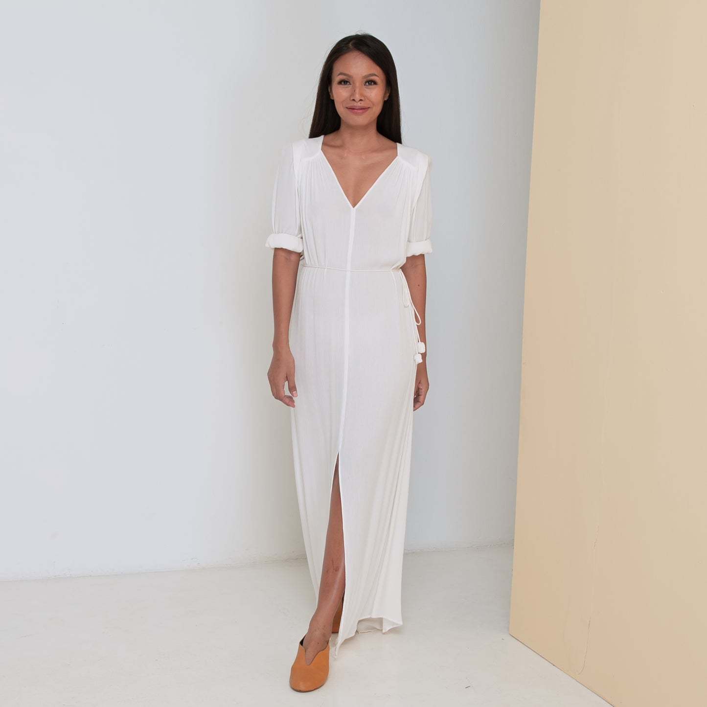 TRANSIT 3/4 SLEEVE LONG DRESS - Crinkled Rayon | Off White