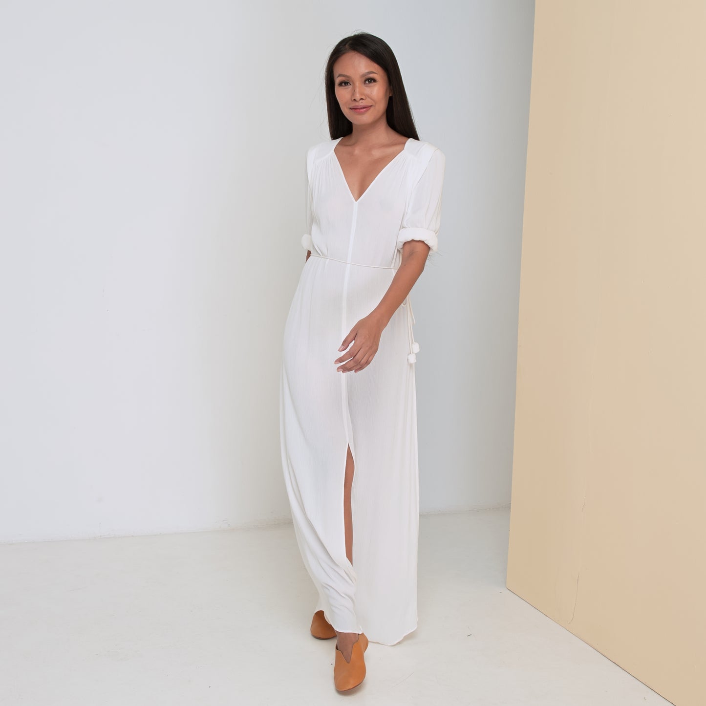TRANSIT 3/4 SLEEVE LONG DRESS - Crinkled Rayon | Off White