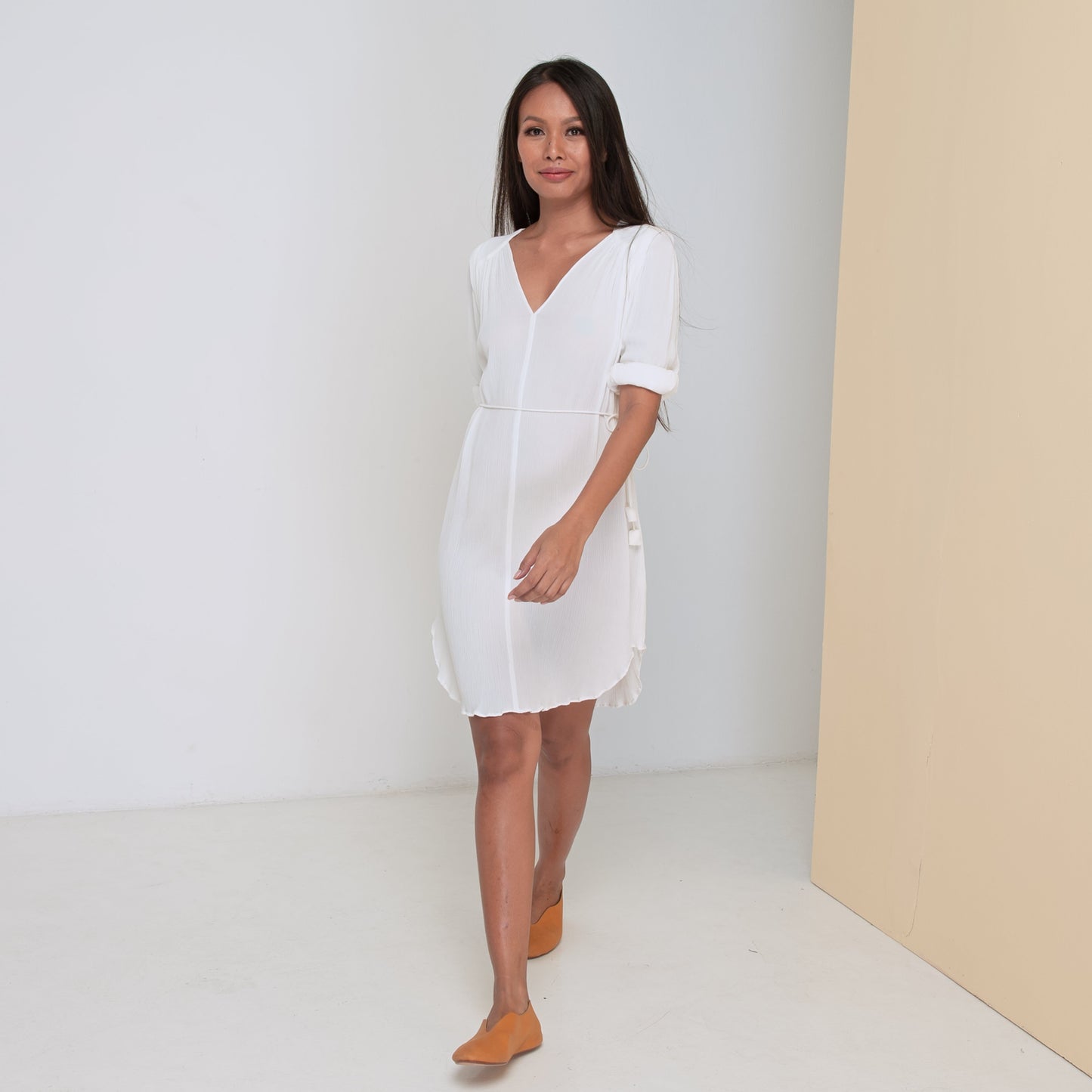 TRANSIT 3/4 SLEEVE DRESS - Crinkled Rayon | Off White