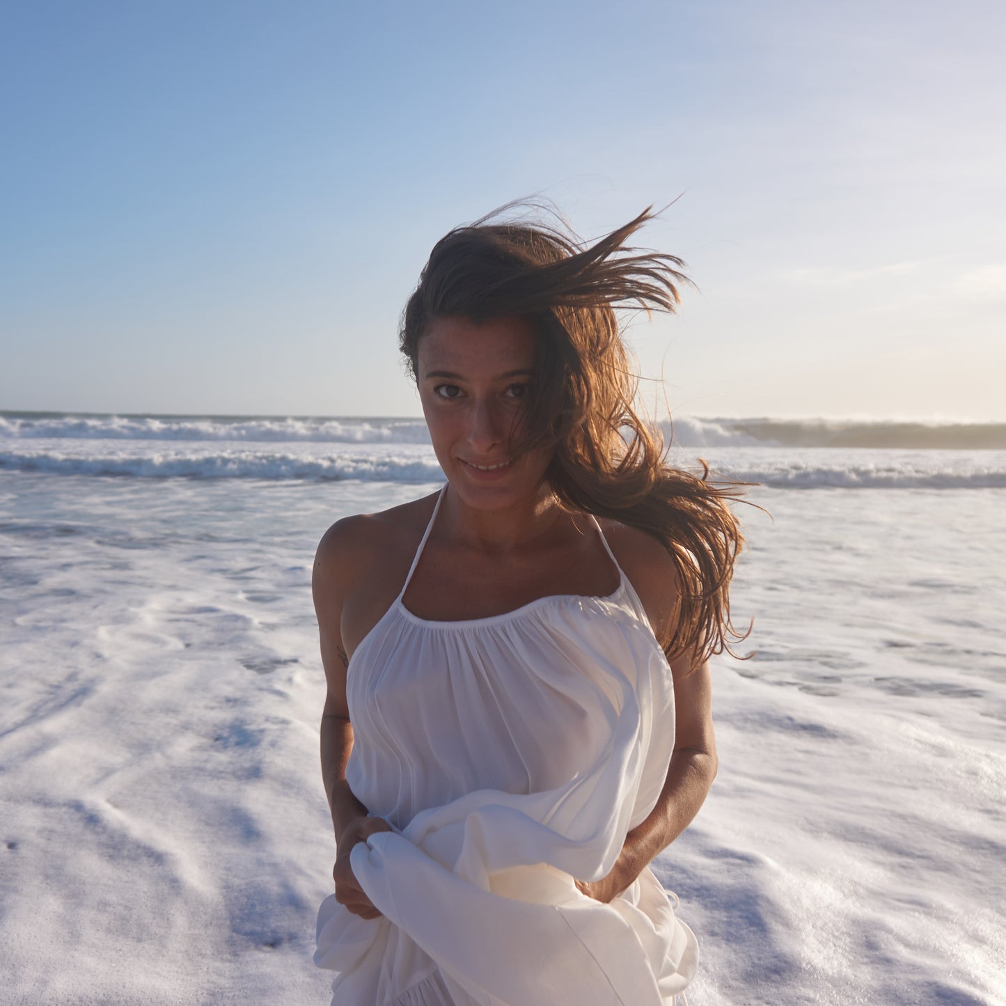 LONG BACKLESS RUFFLED DRESS - Rayon Fujette Crepe | Off White