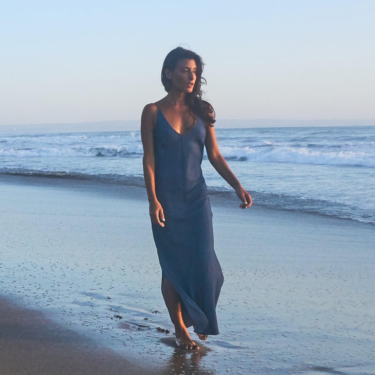 RINKI V LONG SLIP DRESS - Tencel Denim | Blue