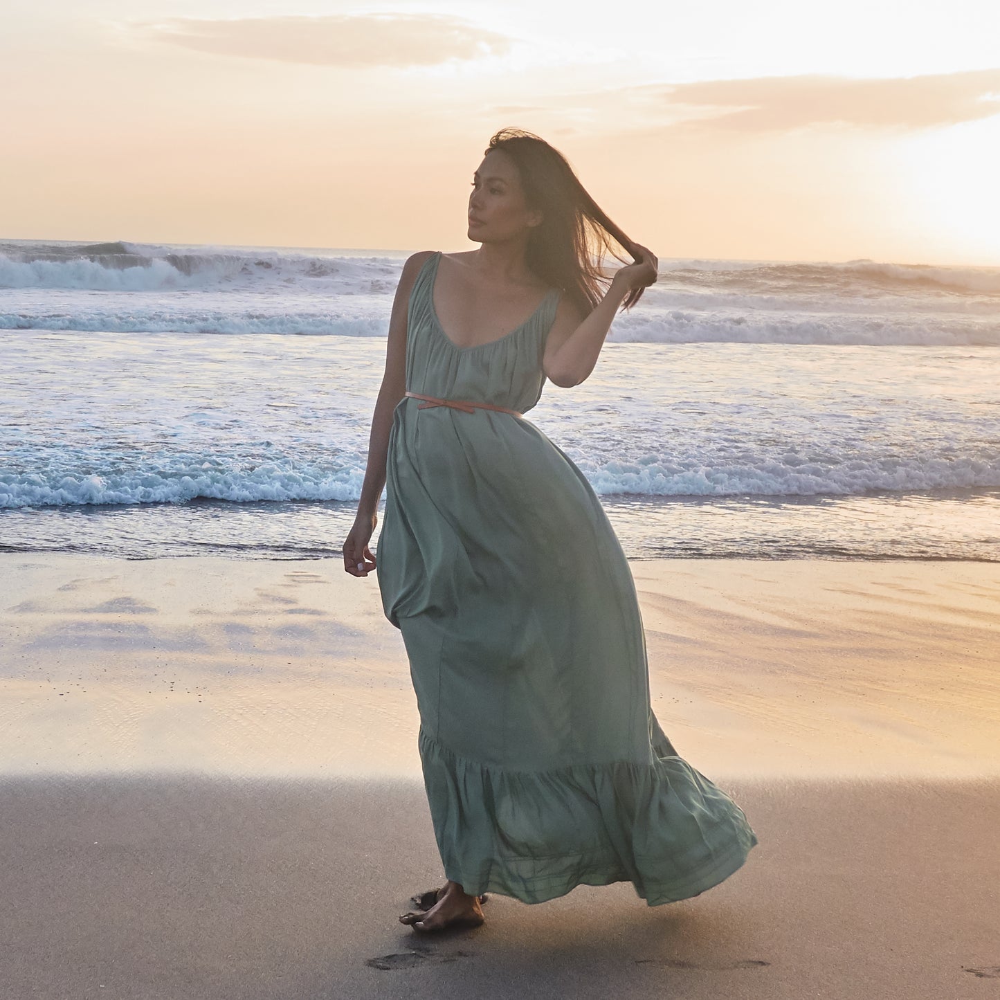 LONG V FLOW DRESS - Rayon Voile | Light Olive Green