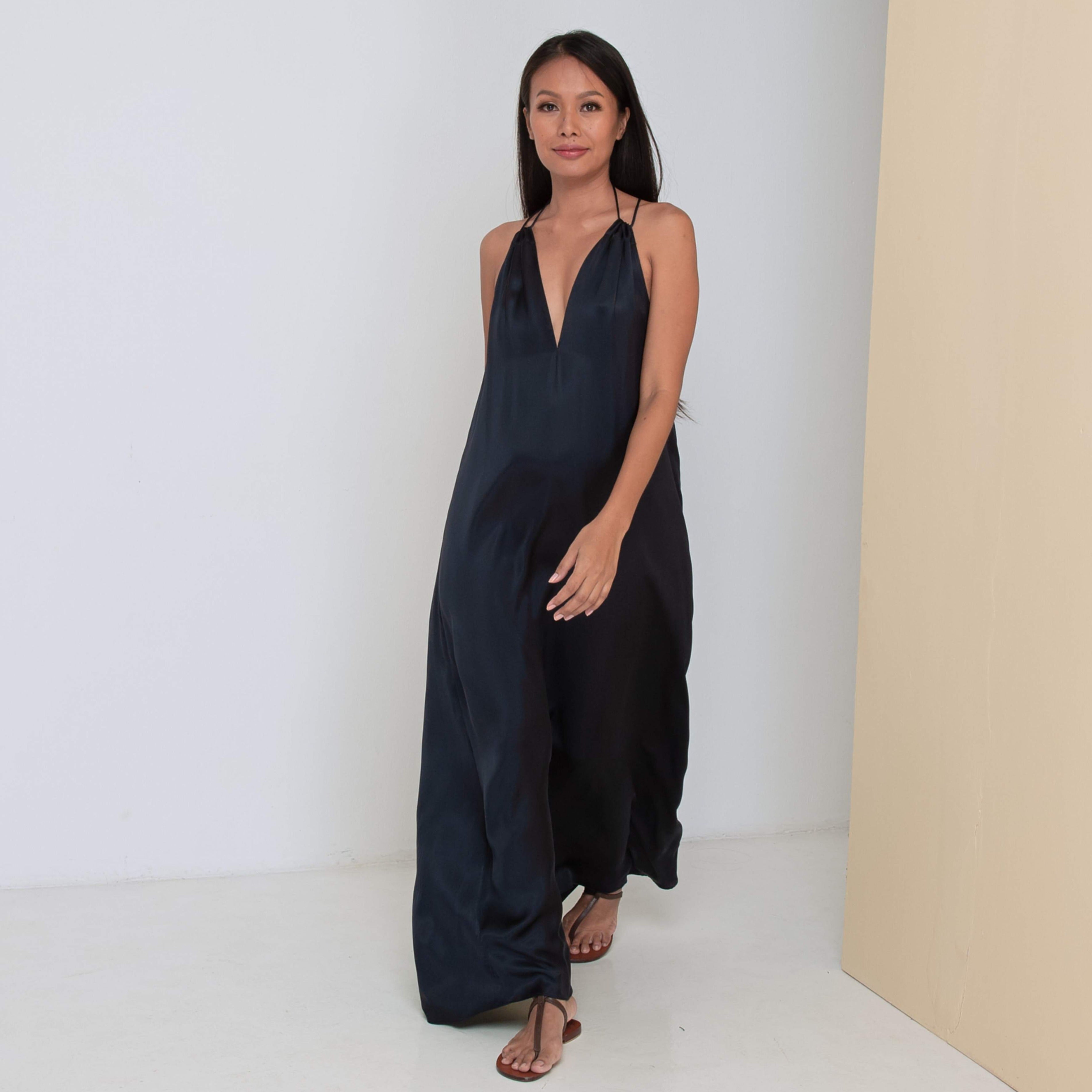 DEEP V LONG HALTER DRESS - Rayon Viscose Satin
