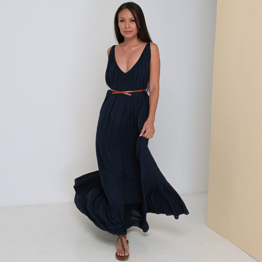 LONG V FLOW DRESS - Rayon Voile | Midnight Blue