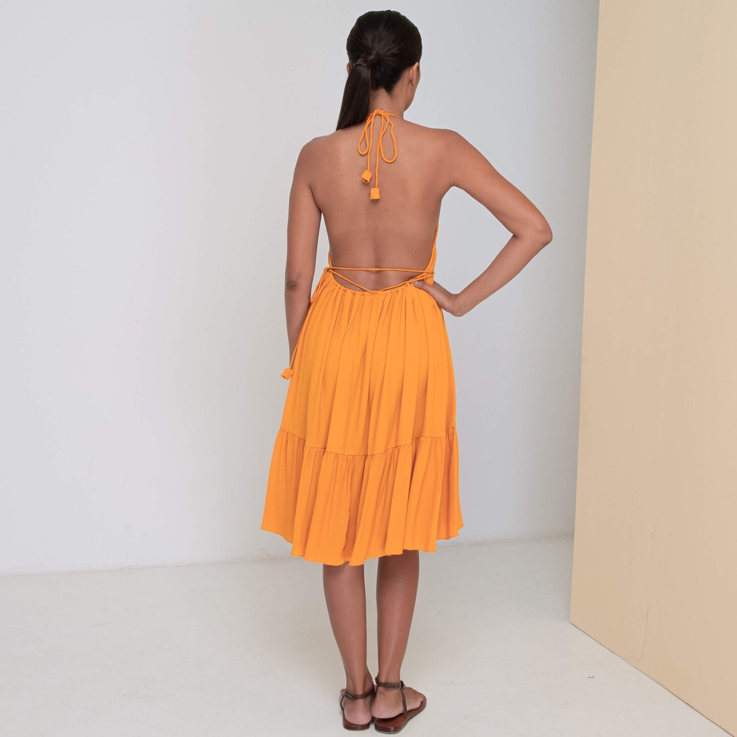 MINI RUFFLED BACKLESS DRESS - Rayon Fujette Crepe | Sunflower Yellow