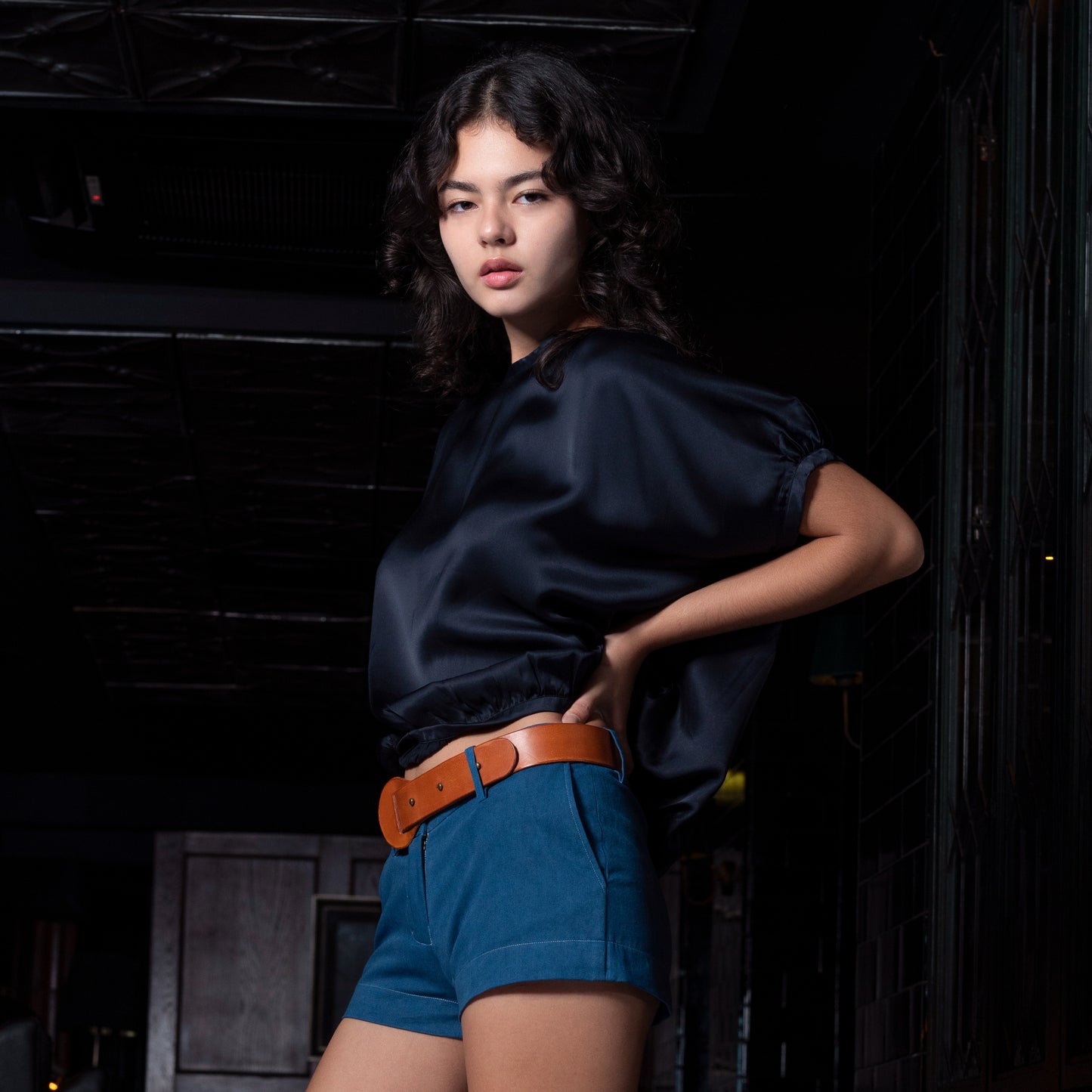 BOX SS TOP - Rayon Viscose Satin | Midnight Blue