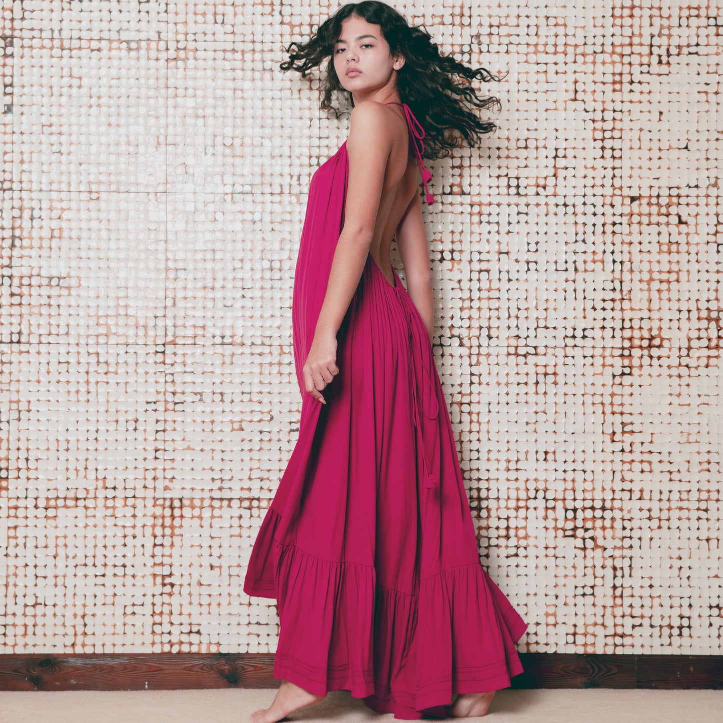 LONG BACKLESS RUFFLED DRESS - Rayon Fujette Crepe | Dark Raspberry
