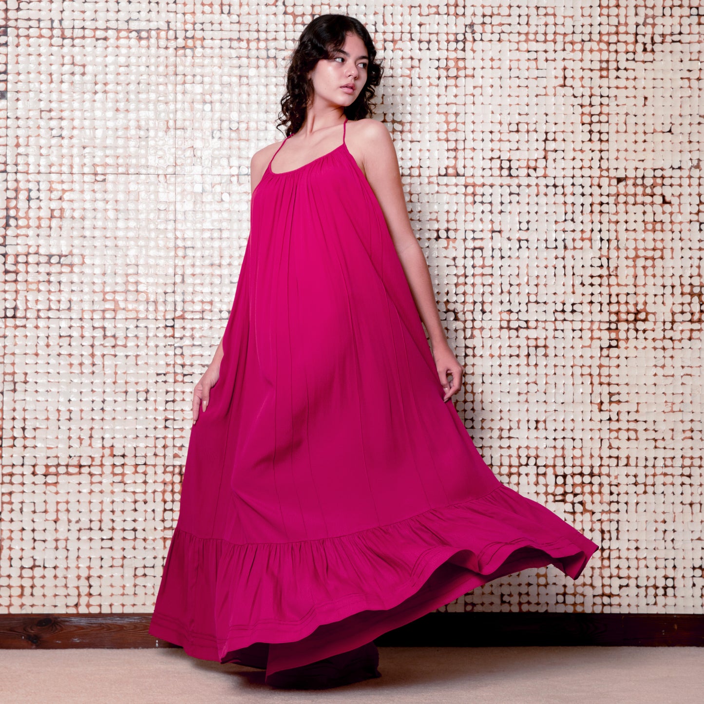 LONG BACKLESS RUFFLED DRESS - Rayon Fujette Crepe | Dark Raspberry