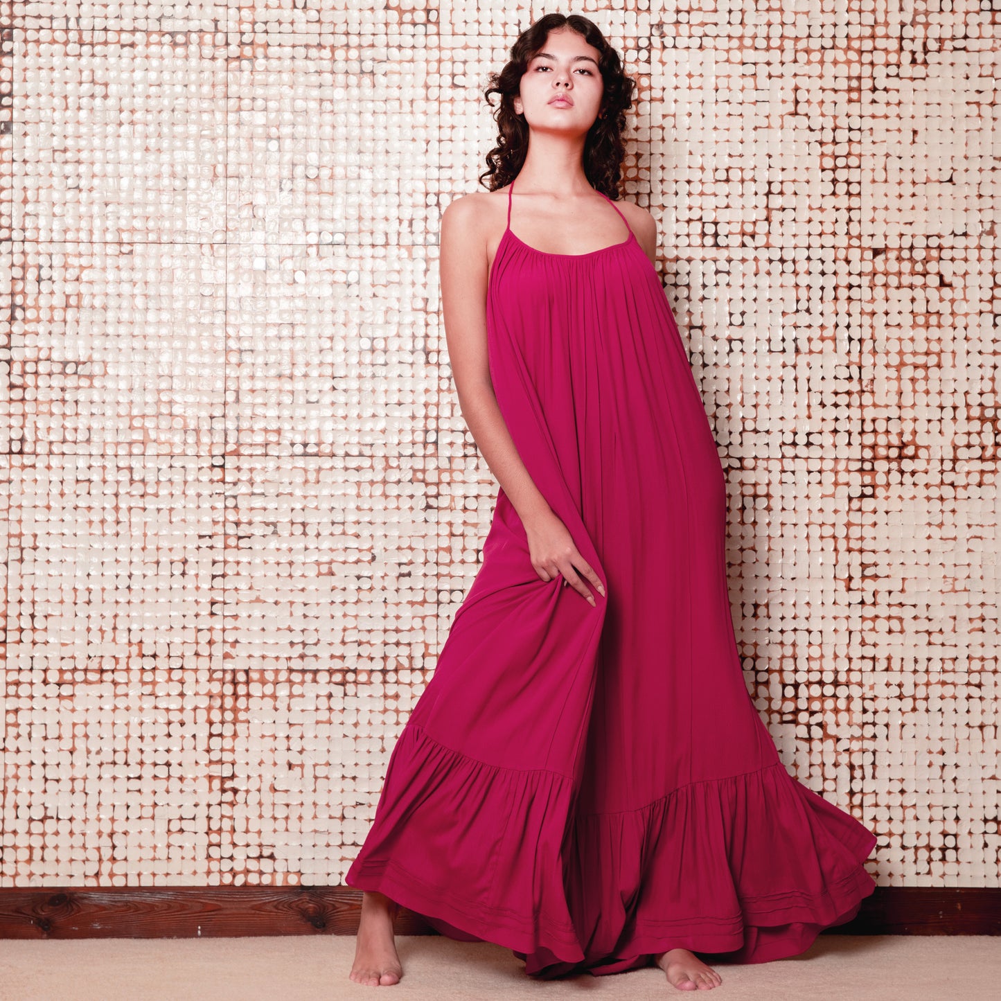 LONG BACKLESS RUFFLED DRESS - Rayon Fujette Crepe | Dark Raspberry