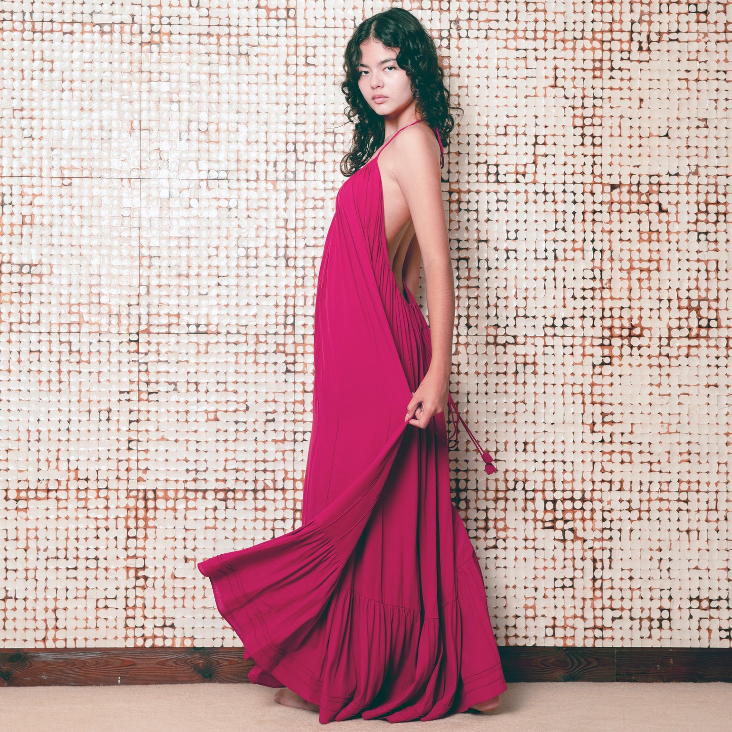 LONG BACKLESS RUFFLED DRESS - Rayon Fujette Crepe | Dark Raspberry