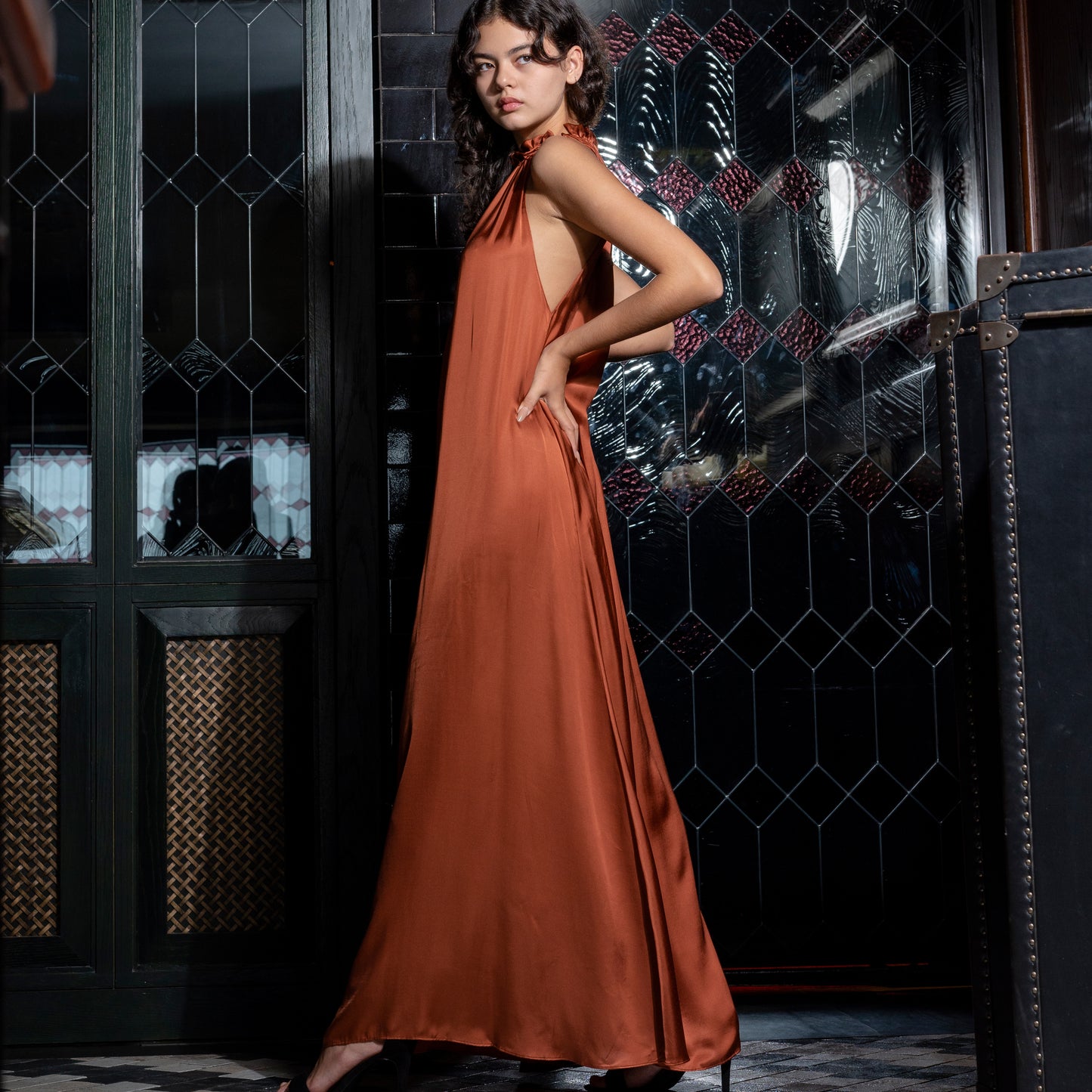 STREAM LONG HALTER DRESS - Rayon Viscose Satin | Rusty