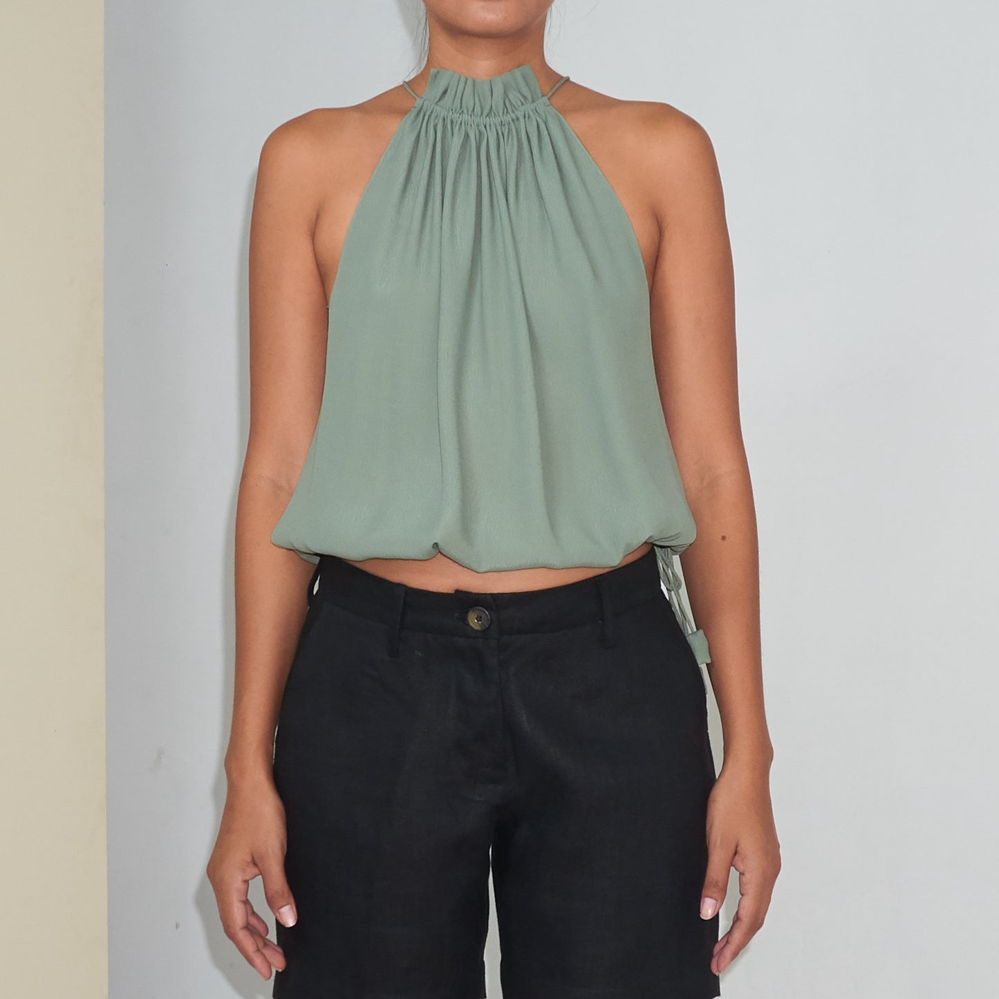 STREAM HALTER TOP - Rayon Fujette Crepe | Light Olive Green