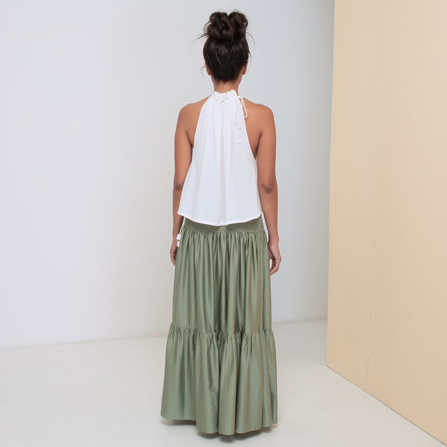 LONG VOLANTS SKIRT - Cotton Sateen | Light Olive Green