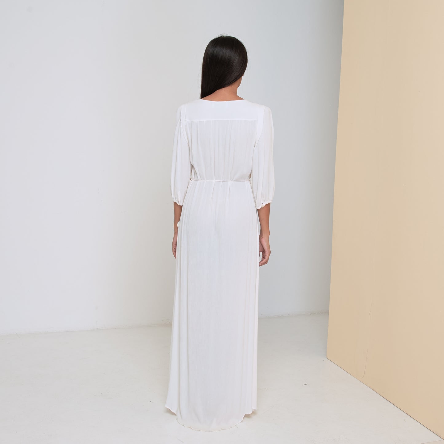 TRANSIT 3/4 SLEEVE LONG DRESS - Crinkled Rayon | Off White