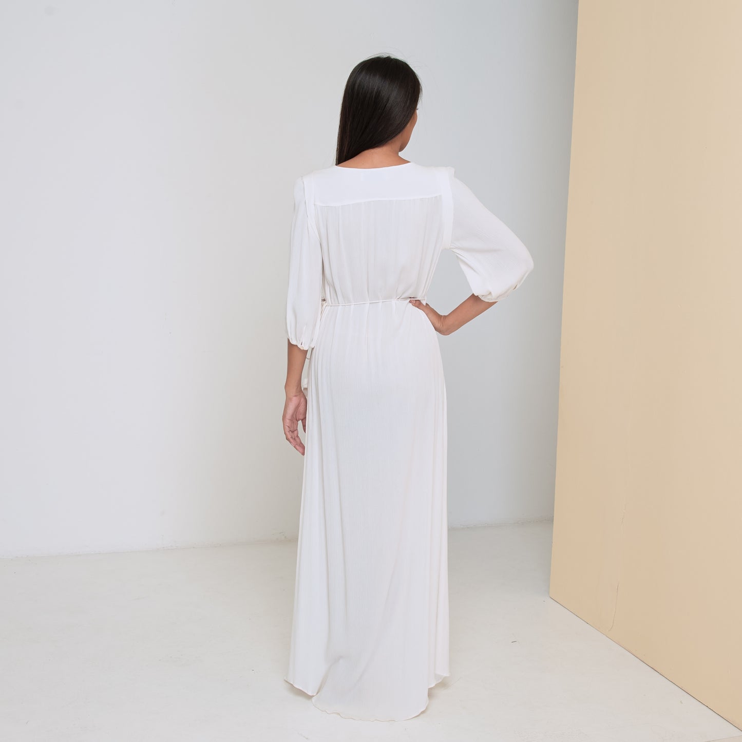 TRANSIT 3/4 SLEEVE LONG DRESS - Crinkled Rayon | Off White