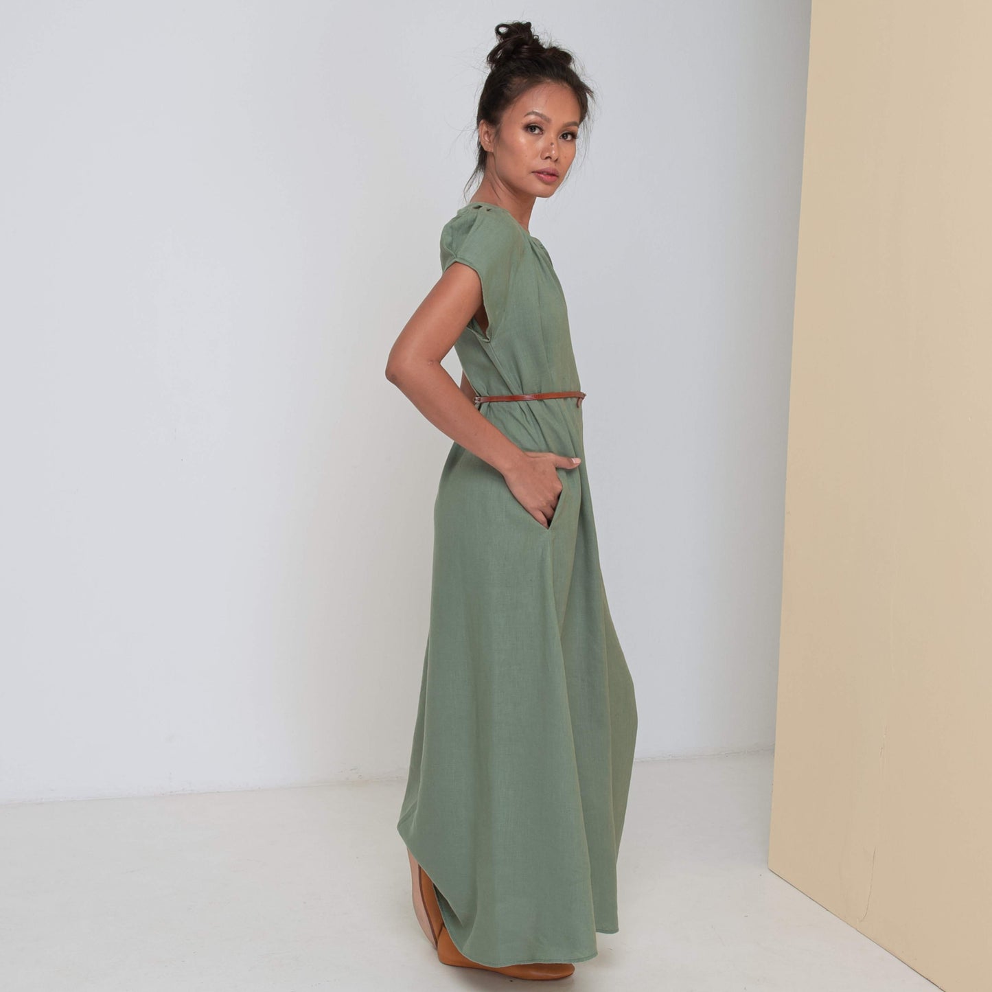 ADELE LONG DRESS - Linen | Light Olive Green