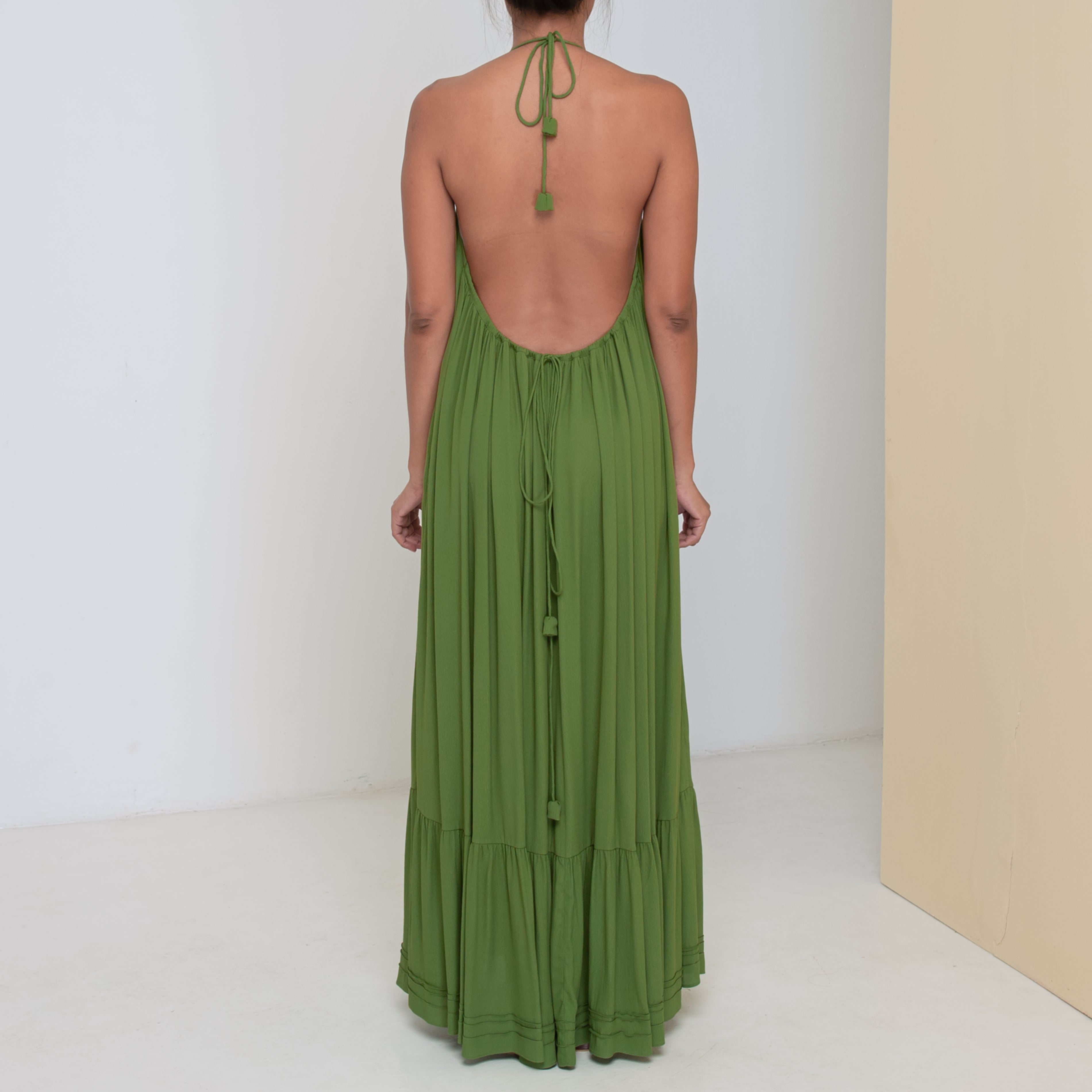 LONG BACKLESS RUFFLED DRESS Rayon Fujette Crepe Moss Green