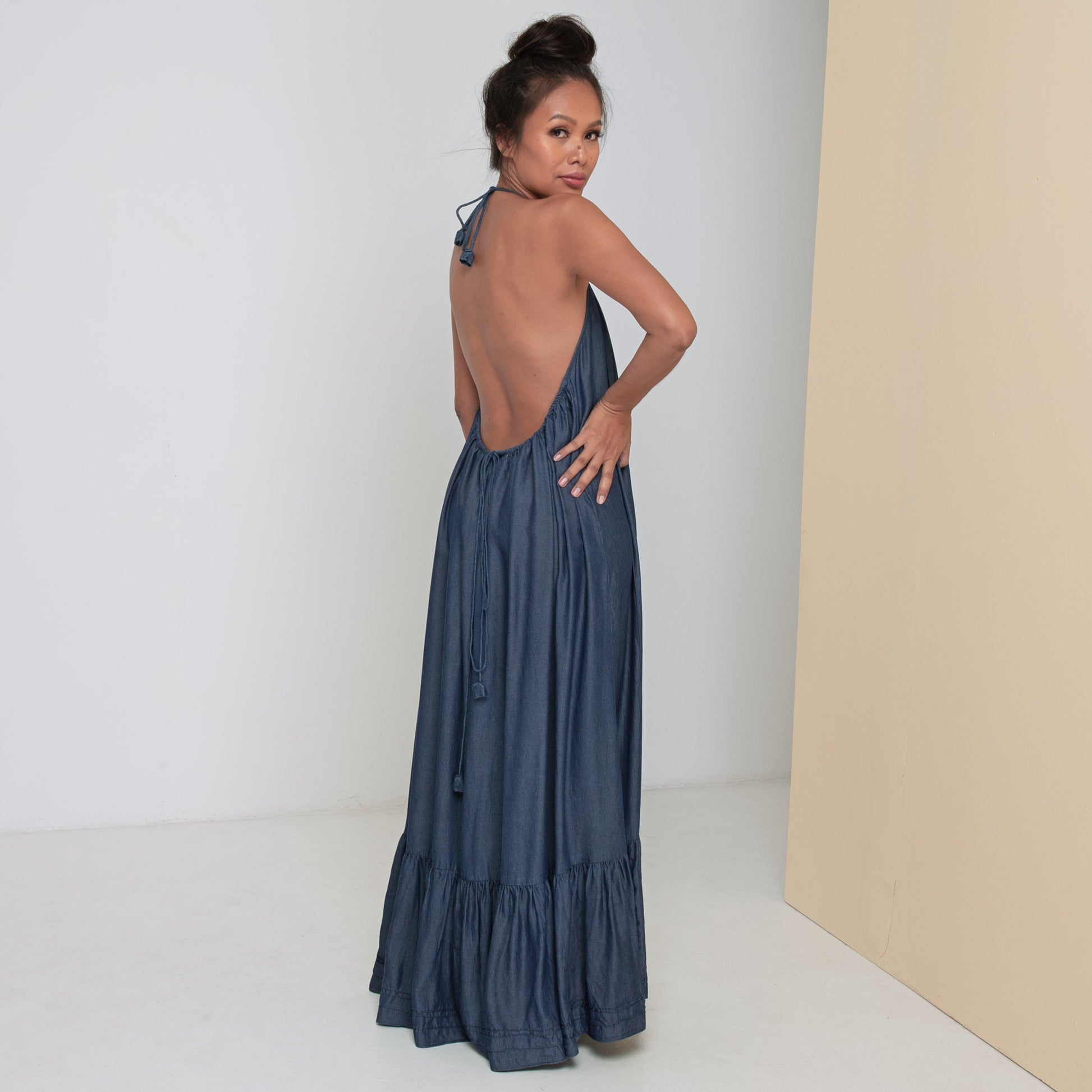 LONG BACKLESS RUFFLED DRESS - Tencel Denim | Blue Daun & Co. LONG BACKLESS RUFFLED DRESS - Tencel Denim | Blue Daun & Co.
