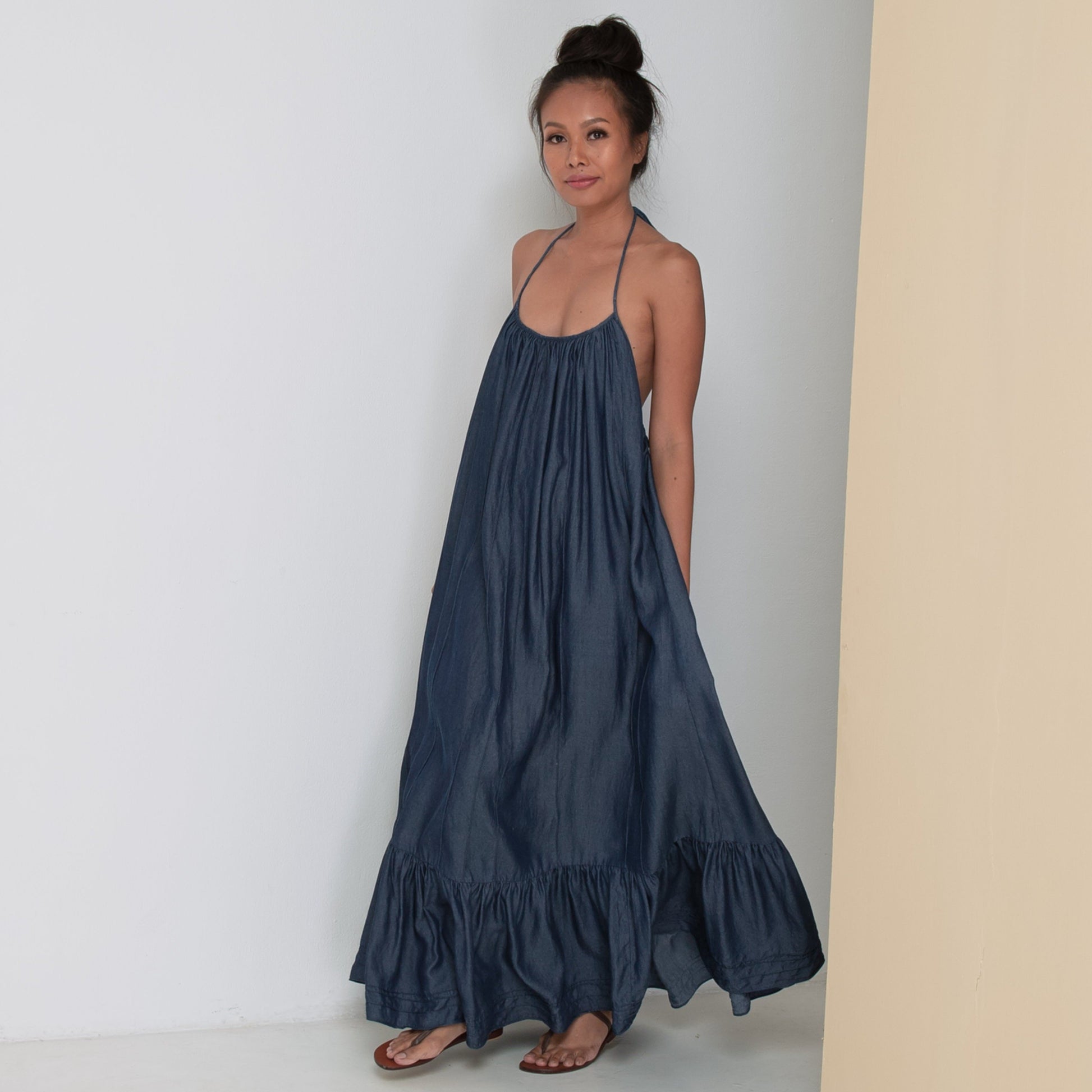 LONG BACKLESS RUFFLED DRESS - Tencel Denim | Blue Daun & Co. LONG BACKLESS RUFFLED DRESS - Tencel Denim | Blue Daun & Co.