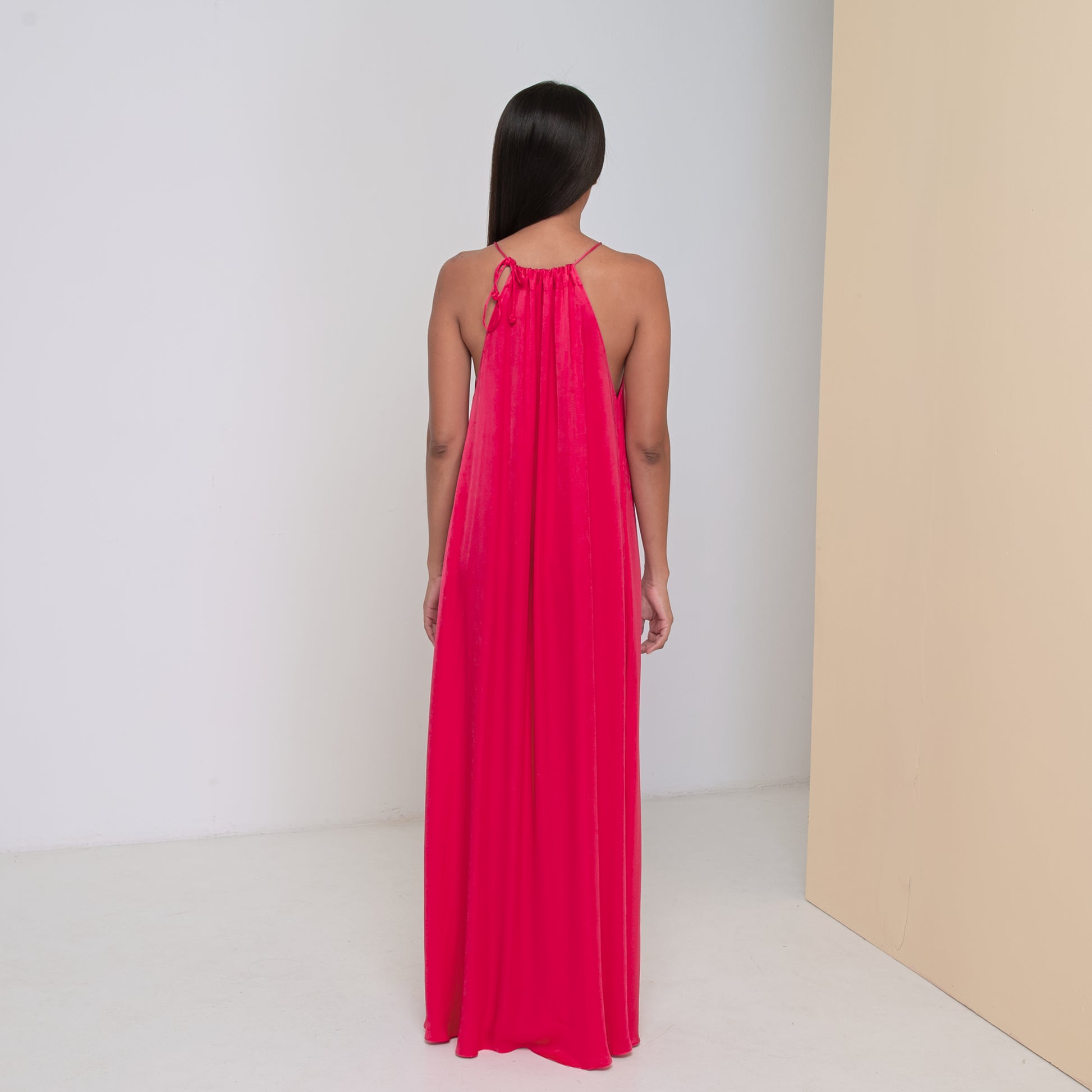 DEEP V LONG HALTER DRESS - Rayon Viscose Satin | Hot Pink Daun & Co. DEEP V LONG HALTER DRESS - Rayon Viscose Satin | Hot Pink Daun & Co.