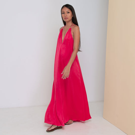 DEEP V LONG HALTER DRESS - Rayon Viscose Satin | Hot Pink