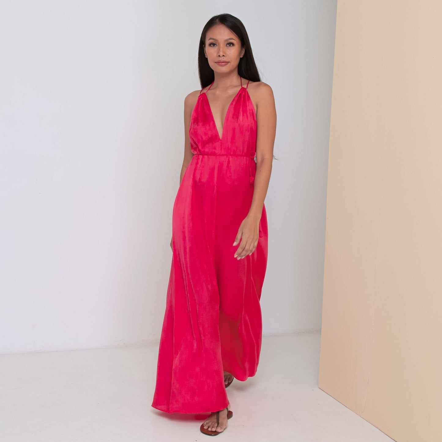 DEEP V LONG HALTER DRESS - Rayon Viscose Satin | Hot Pink