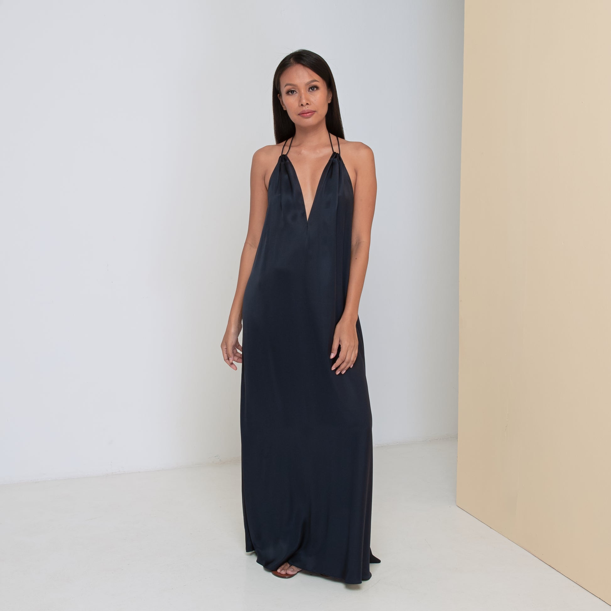 DEEP V LONG HALTER DRESS - Rayon Viscose Satin | Midnight blue Daun & Co. DEEP V LONG HALTER DRESS - Rayon Viscose Satin | Midnight blue Daun & Co.