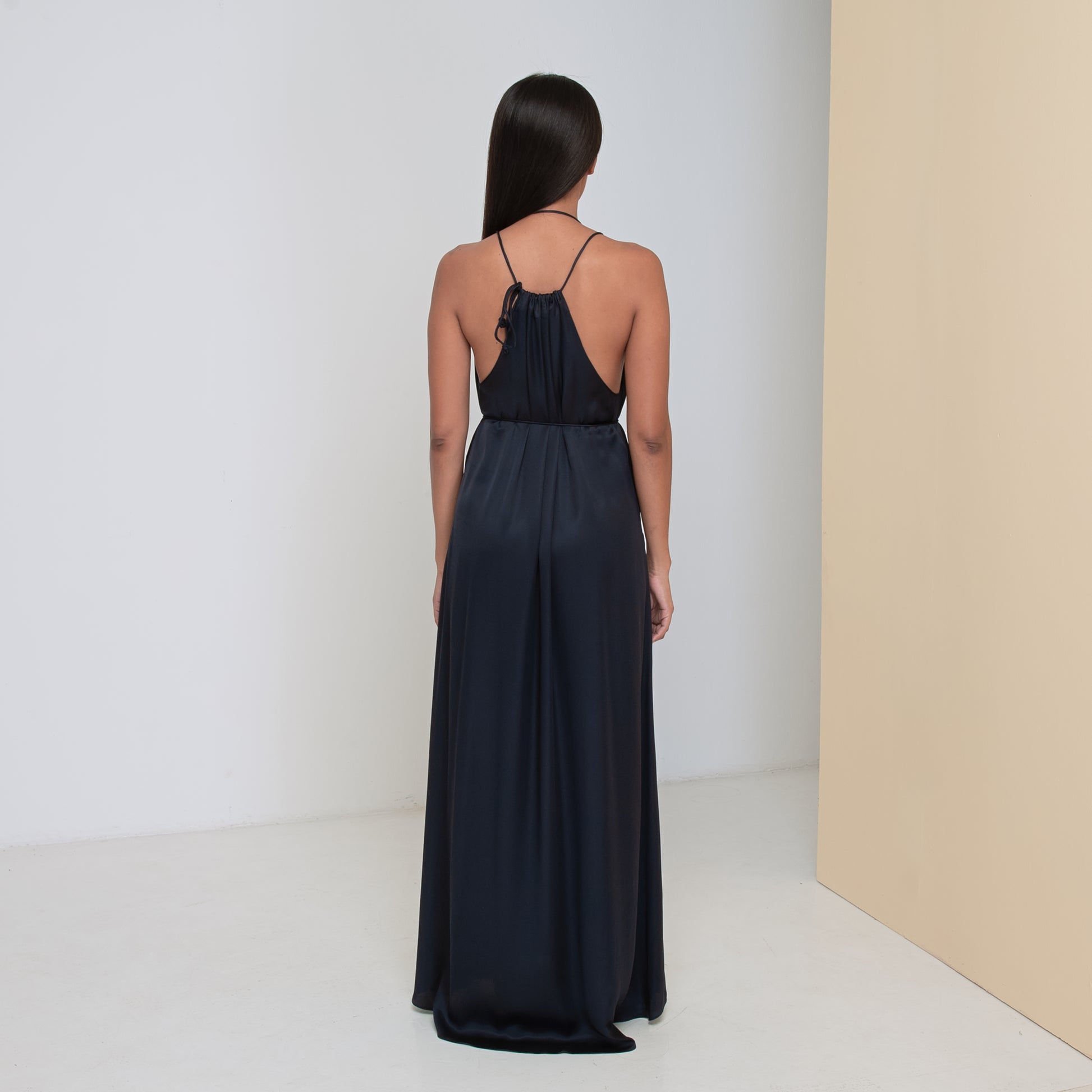 DEEP V LONG HALTER DRESS - Rayon Viscose Satin | Midnight blue Daun & Co. DEEP V LONG HALTER DRESS - Rayon Viscose Satin | Midnight blue Daun & Co.