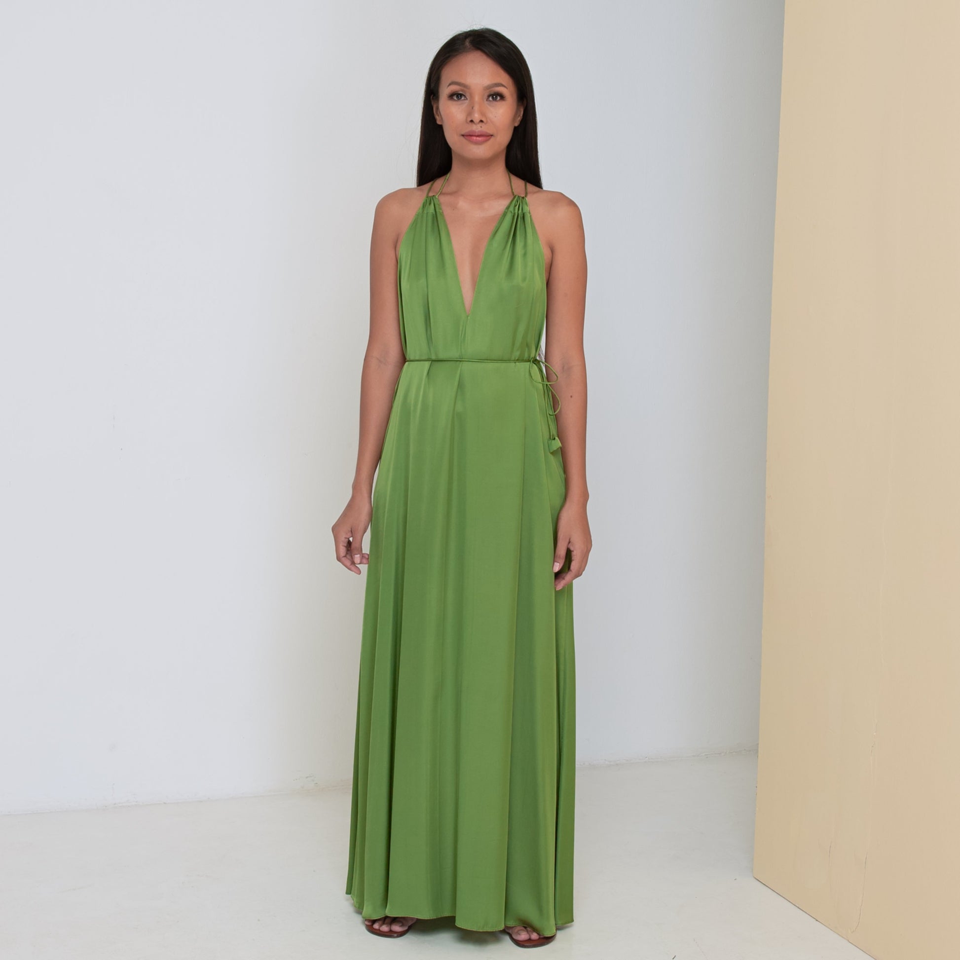 DEEP V LONG HALTER DRESS - Rayon Viscose Satin | Moss Green Daun & Co. DEEP V LONG HALTER DRESS - Rayon Viscose Satin | Moss Green Daun & Co.