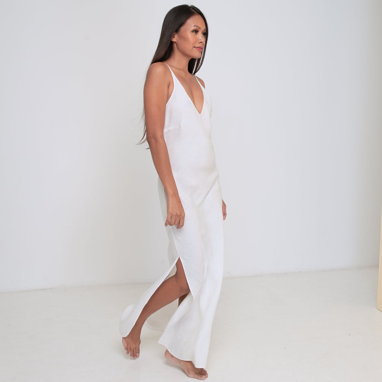 RINKI V LONG SLIP DRESS - Linen | Off White