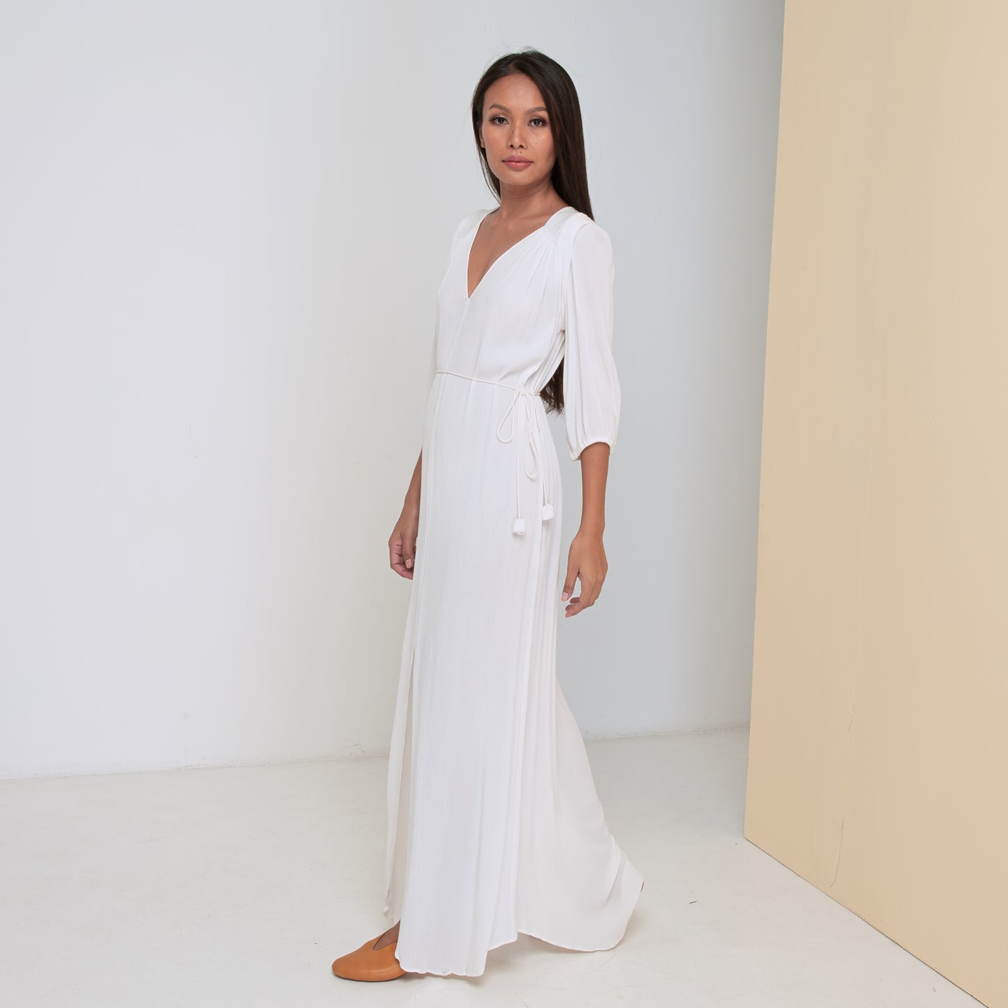 TRANSIT 3/4 SLEEVE LONG DRESS - Crinkled Rayon | Off White