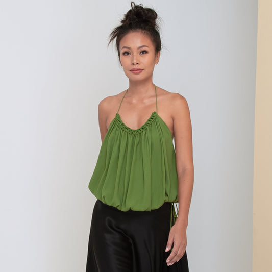 RUSH HALTER TOP - Rayon Fujette Crepe | Moss Green