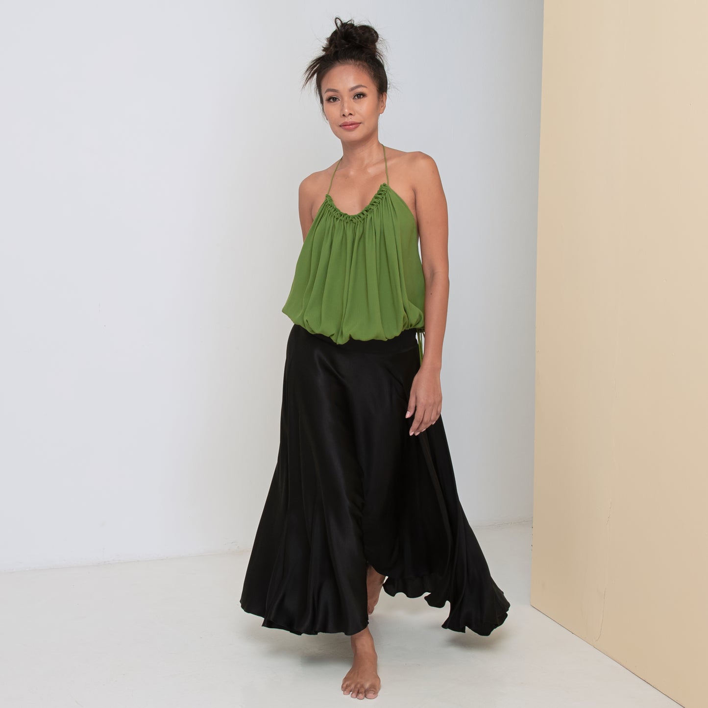 RUSH HALTER TOP - Rayon Fujette Crepe | Moss Green