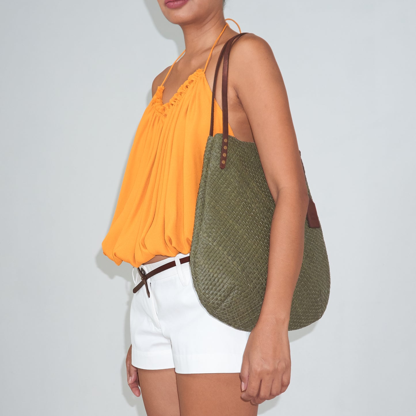 SIMPLY FIVE TOTE - Woven Leather | Light Olive Green & Rusty Brown