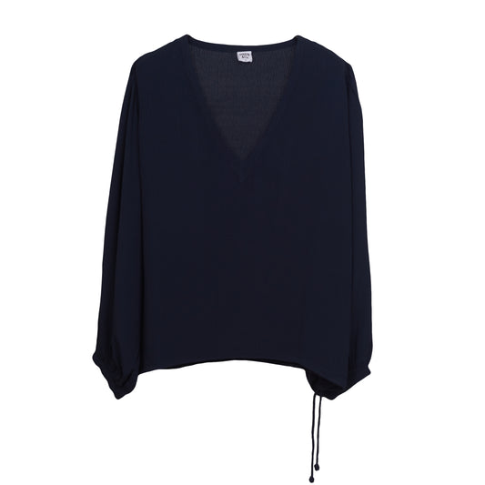 TEE V LONG SLEEVE TOP - Rayon Fujette Crepe | Midnight Blue