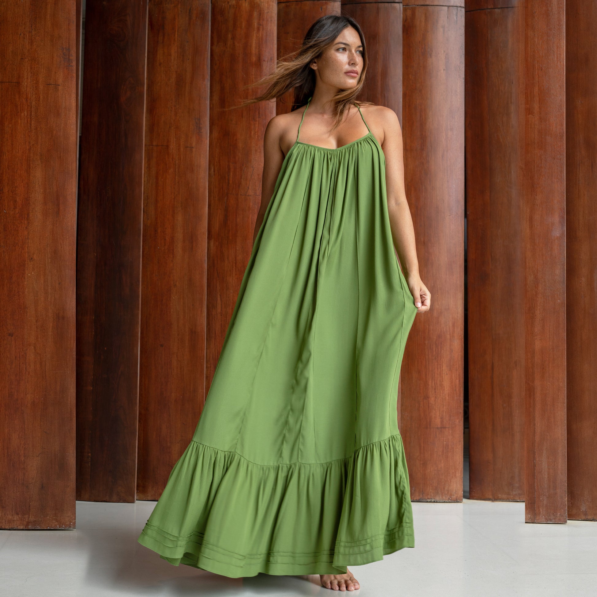 LONG BACKLESS RUFFLED DRESS - Rayon Fujette Crepe | Moss Green LONG BACKLESS RUFFLED DRESS - Rayon Fujette Crepe | Moss Green