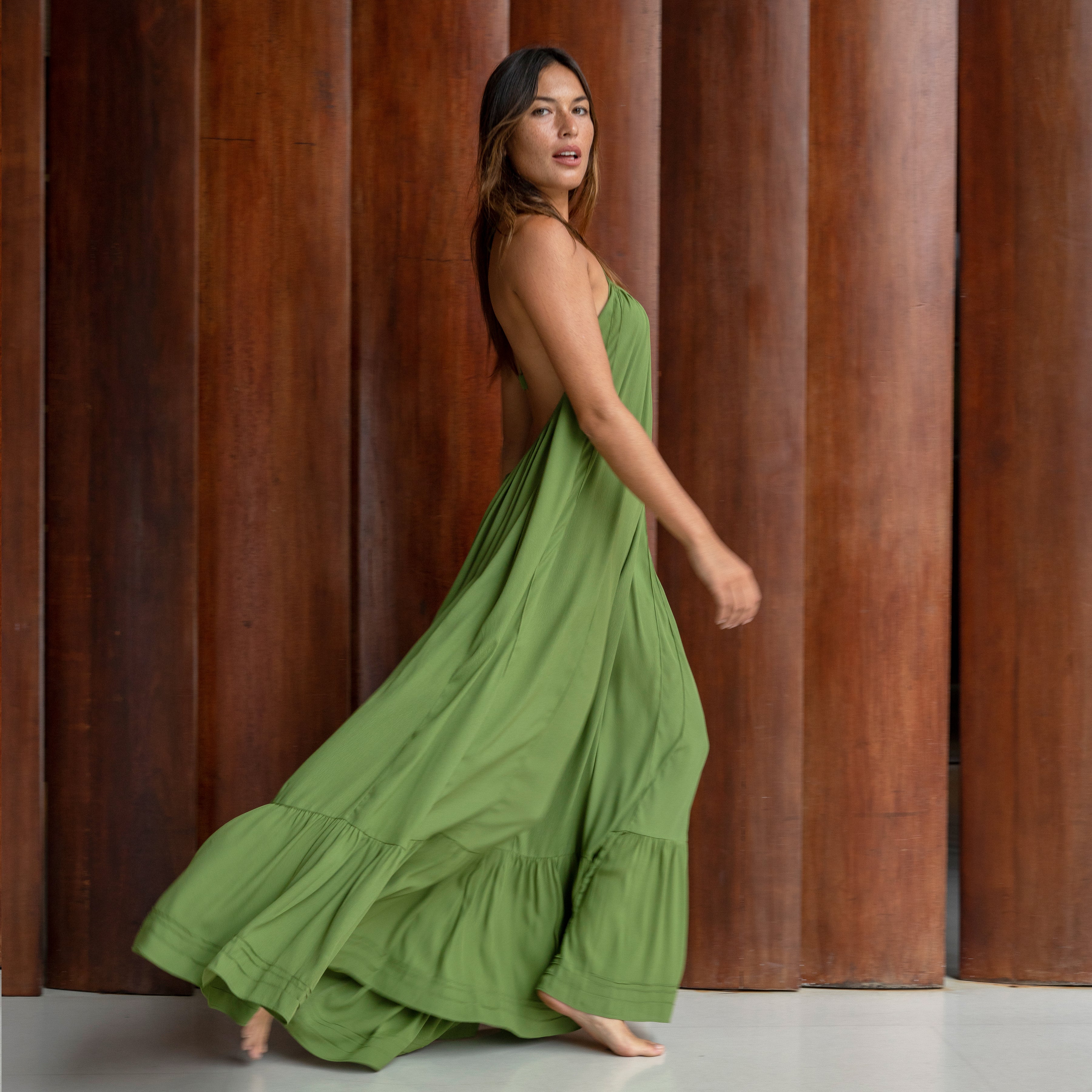 LONG BACKLESS RUFFLED DRESS Rayon Fujette Crepe Moss Green