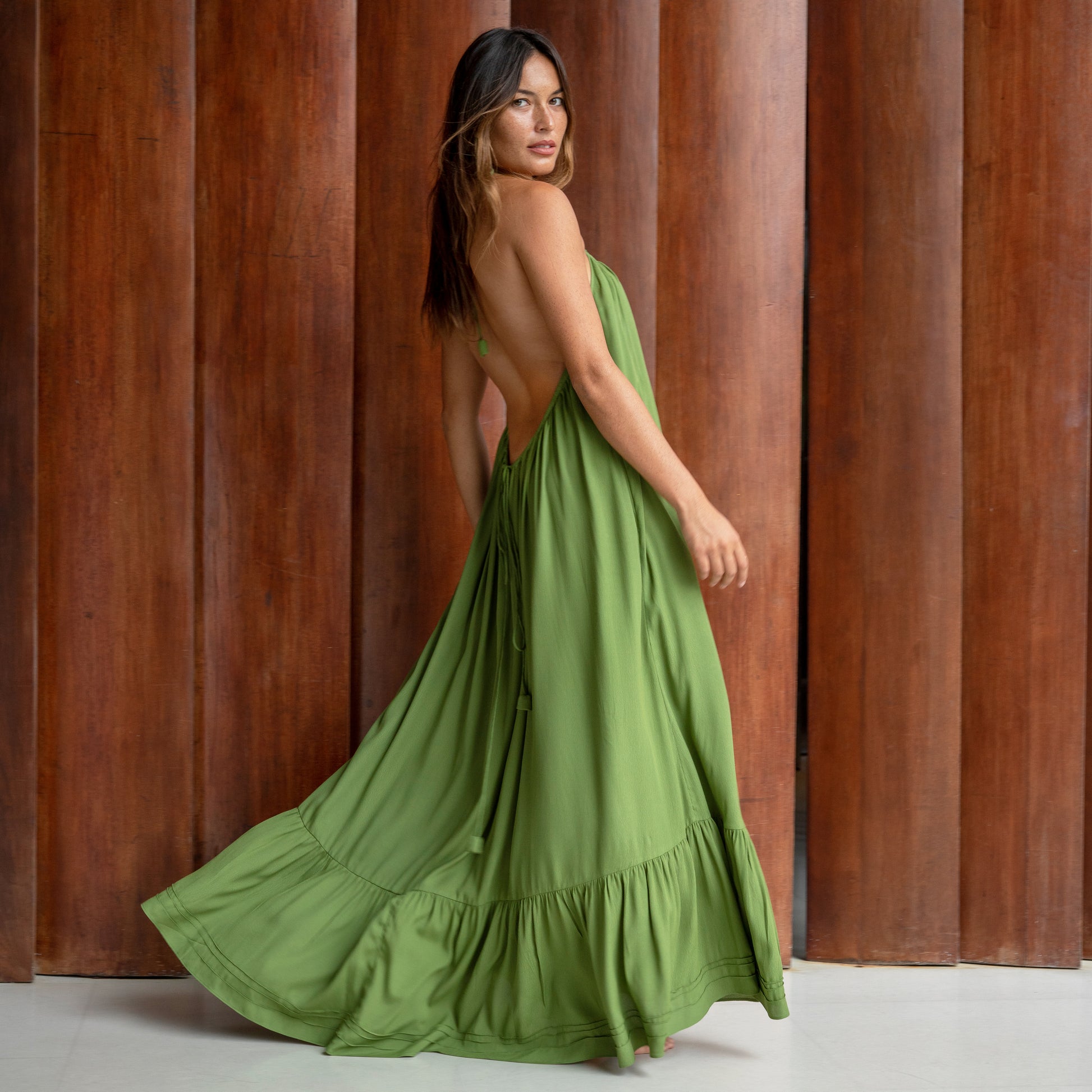 LONG BACKLESS RUFFLED DRESS - Rayon Fujette Crepe | Moss Green LONG BACKLESS RUFFLED DRESS - Rayon Fujette Crepe | Moss Green