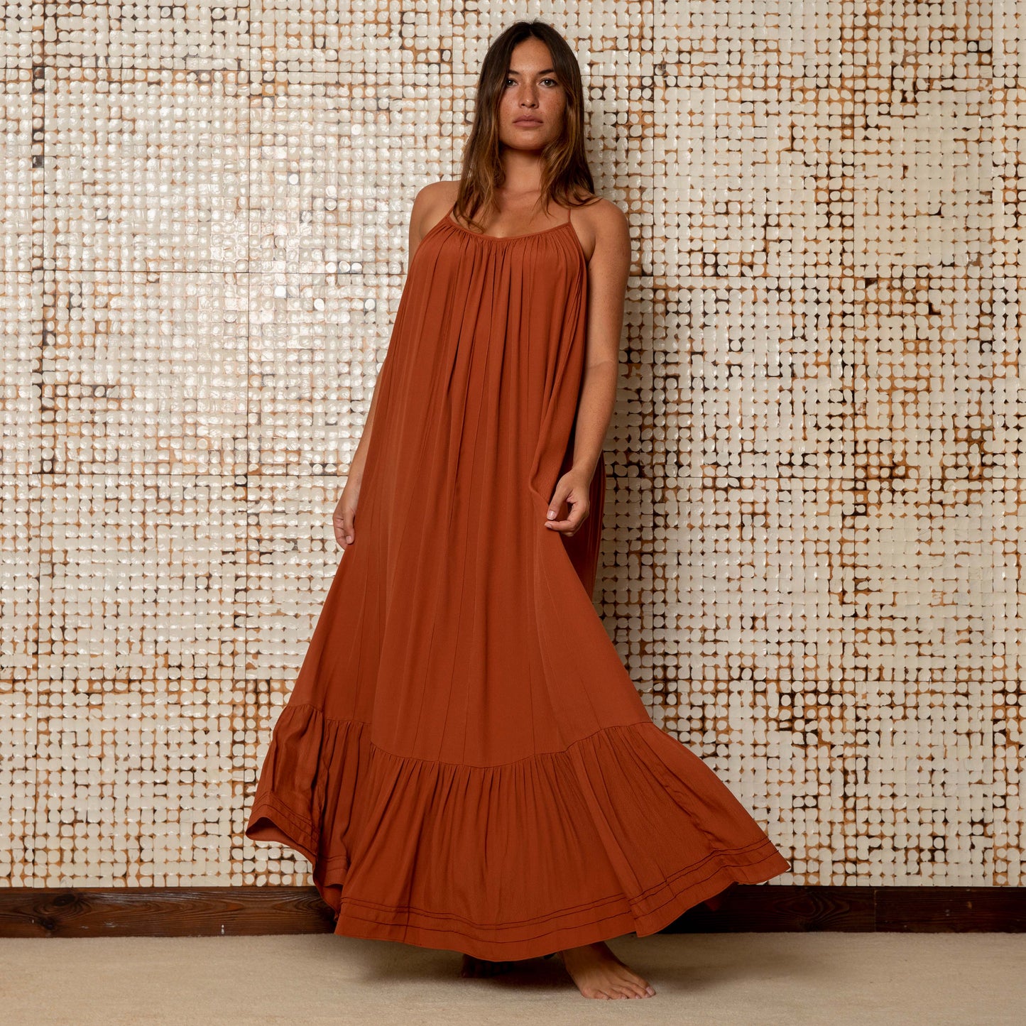 LONG BACKLESS RUFFLED DRESS - Rayon Fujette Crepe | Rusty