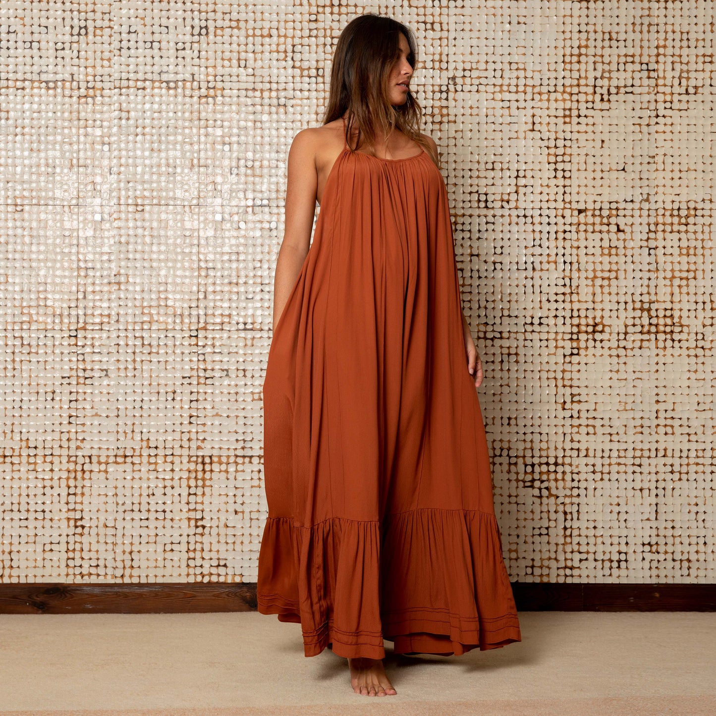 LONG BACKLESS RUFFLED DRESS - Rayon Fujette Crepe | Rusty