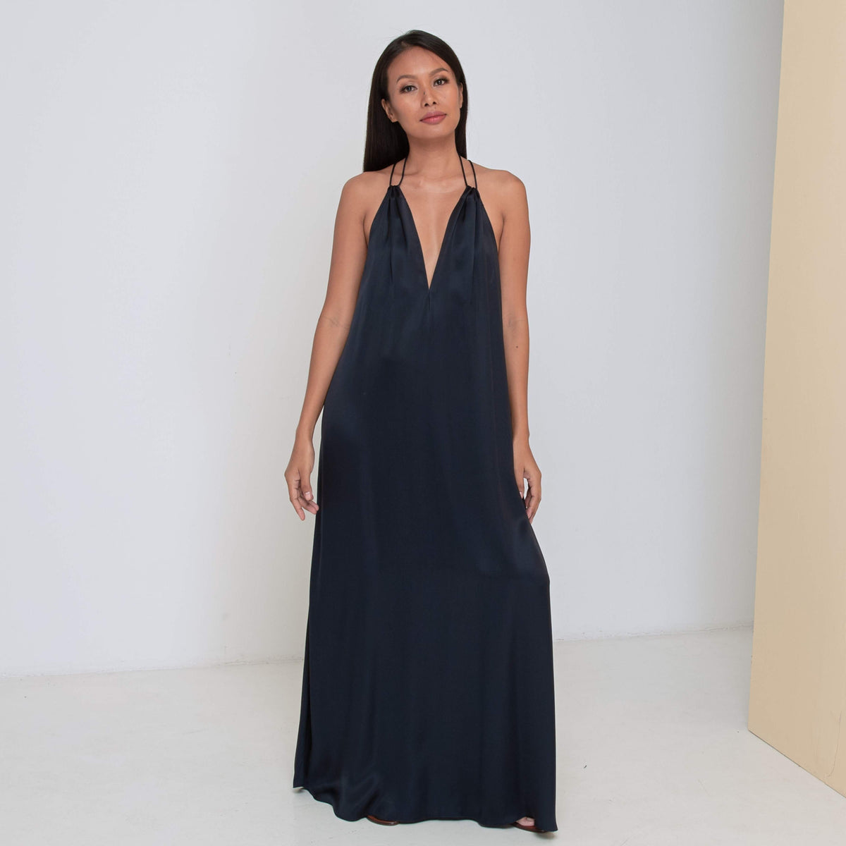 halter dress deep v LONG - Rayon Viscose Satin extreme deep v neck dress