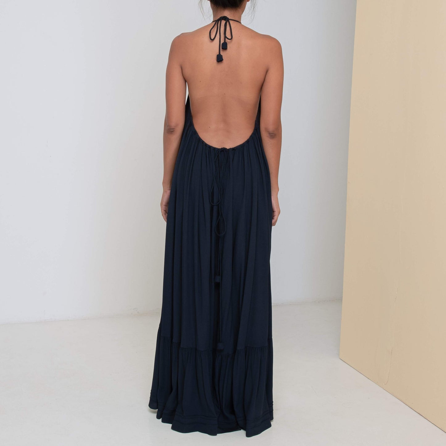 LONG BACKLESS RUFFLED DRESS - Rayon Fujette Crepe | Midnight Blue