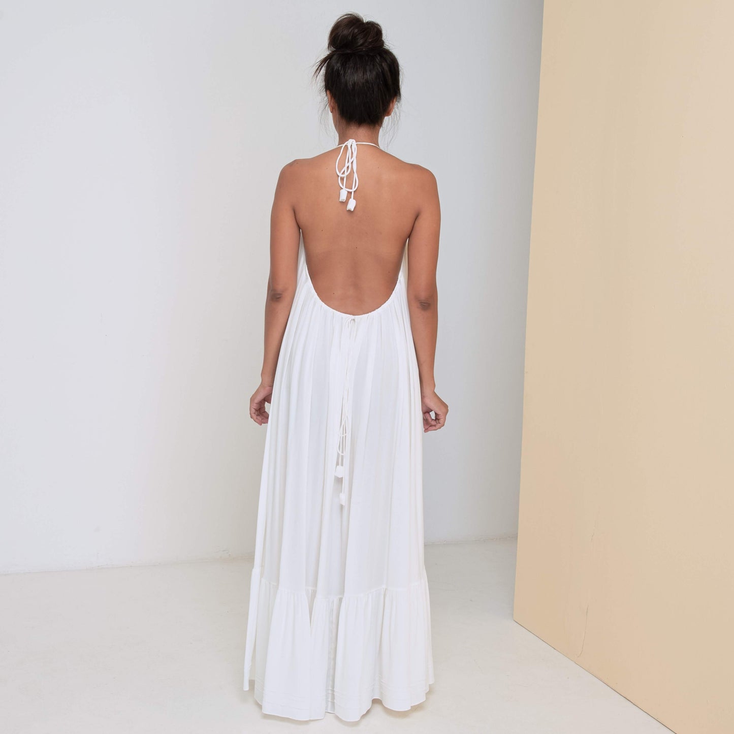 LONG BACKLESS RUFFLED DRESS - Rayon Fujette Crepe | Off White