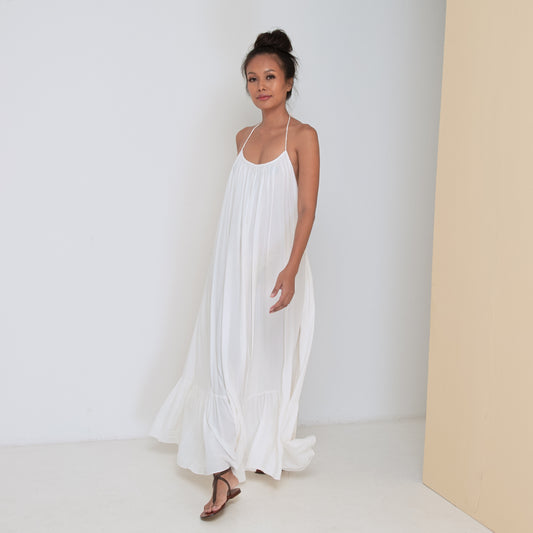 LONG BACKLESS RUFFLED DRESS - Rayon Fujette Crepe | Off White