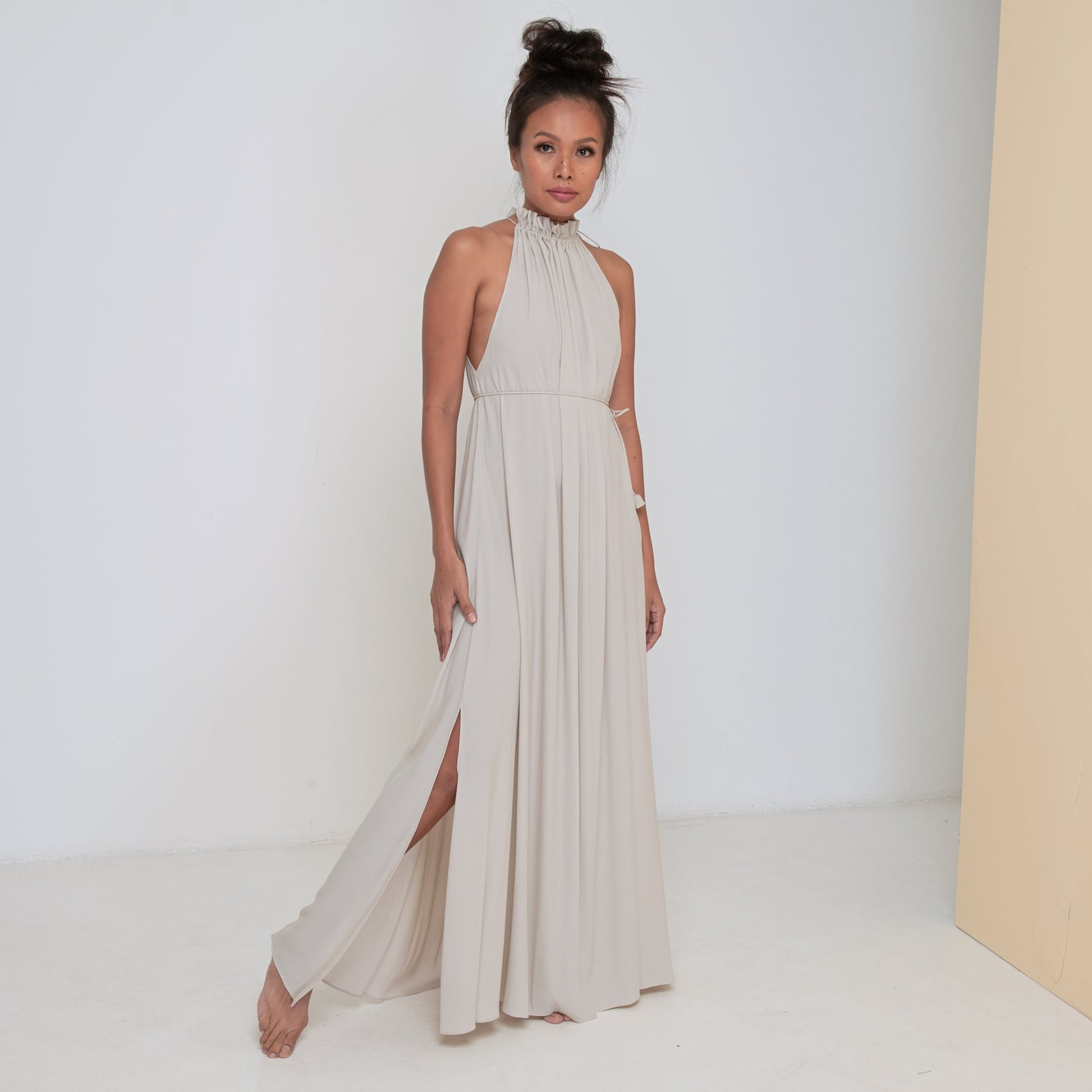 STREAM LONG HALTER DRESS - Rayon Fujette Crepe | Light Grey Greige STREAM LONG HALTER DRESS - Rayon Fujette Crepe | Light Grey Greige