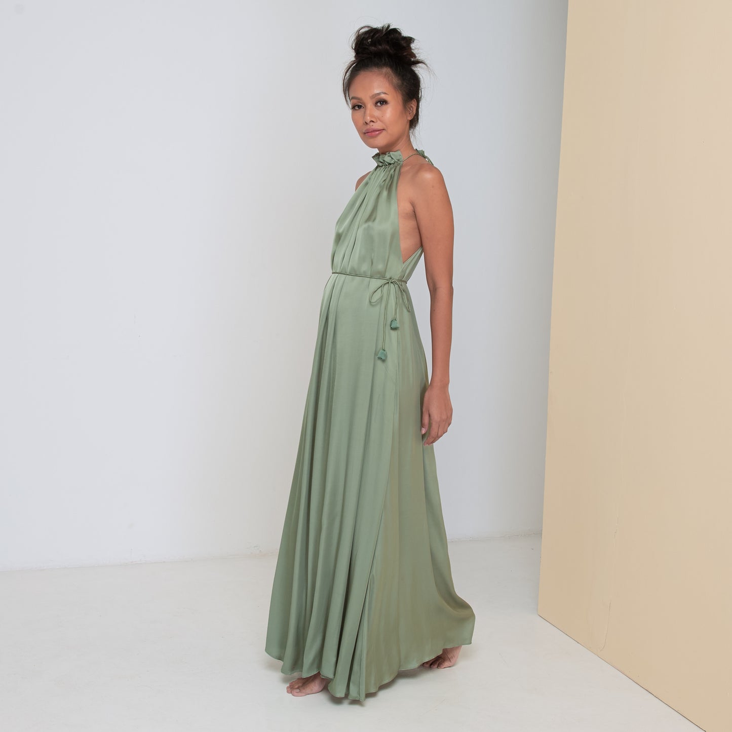 STREAM LONG HALTER DRESS - Rayon Viscose Satin | Light Olive Green Daun & Co. STREAM LONG HALTER DRESS - Rayon Viscose Satin | Light Olive Green Daun & Co.