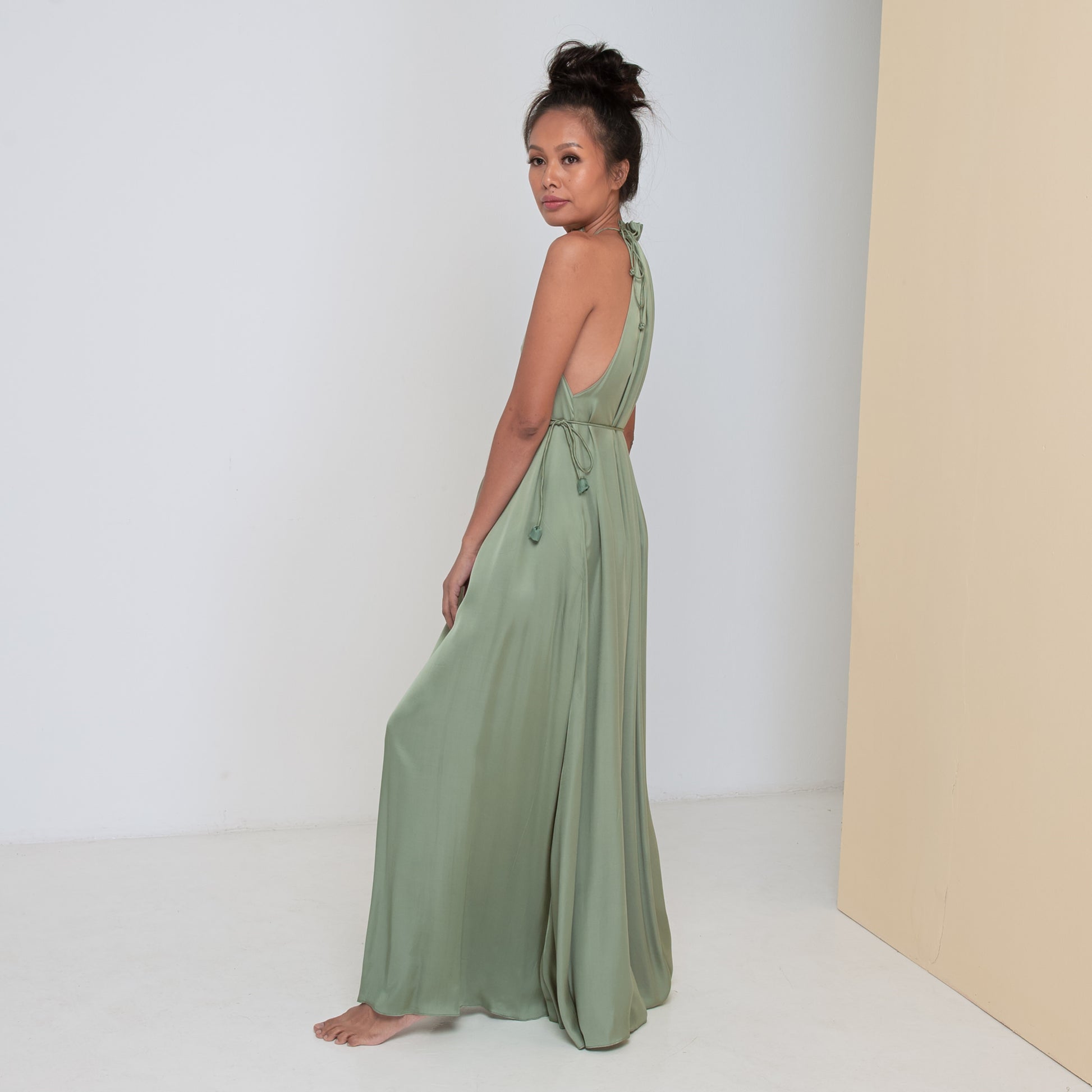 STREAM LONG HALTER DRESS - Rayon Viscose Satin | Light Olive Green STREAM LONG HALTER DRESS - Rayon Viscose Satin | Light Olive Green